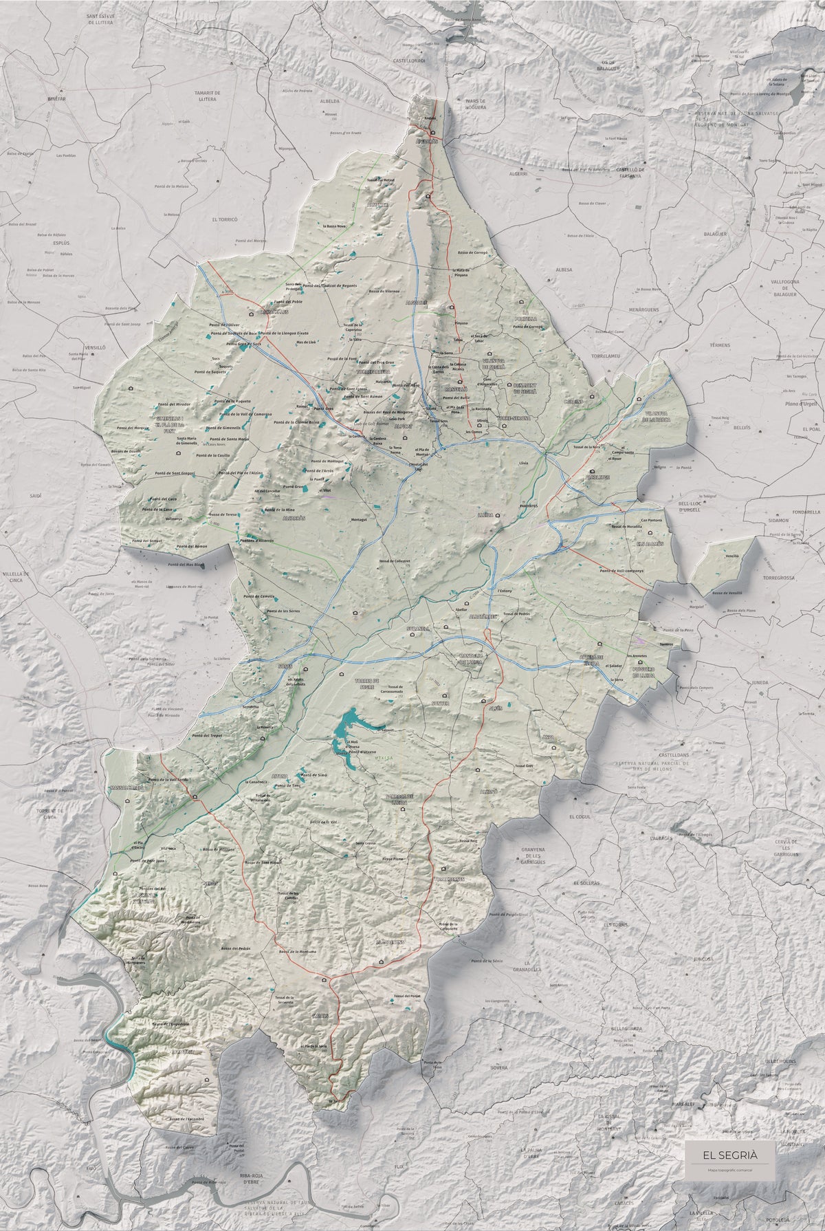 Mapa de relieve del Segrià, con el territorio en color y el entorno en blanco. Vista completa de la lámina. 61 × 91 cm. Estilo Cartográfico.