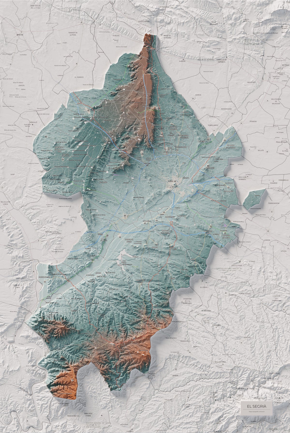 Mapa de relieve del Segrià, con el territorio en color y el entorno en blanco. Vista completa de la lámina. 61 × 91 cm. Estilo Azul y naranja.