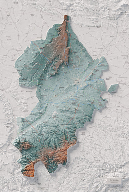 Mapa de relieve del Segrià, con el territorio en color y el entorno en blanco. Vista completa de la lámina. 61 × 91 cm. Estilo Azul y naranja.