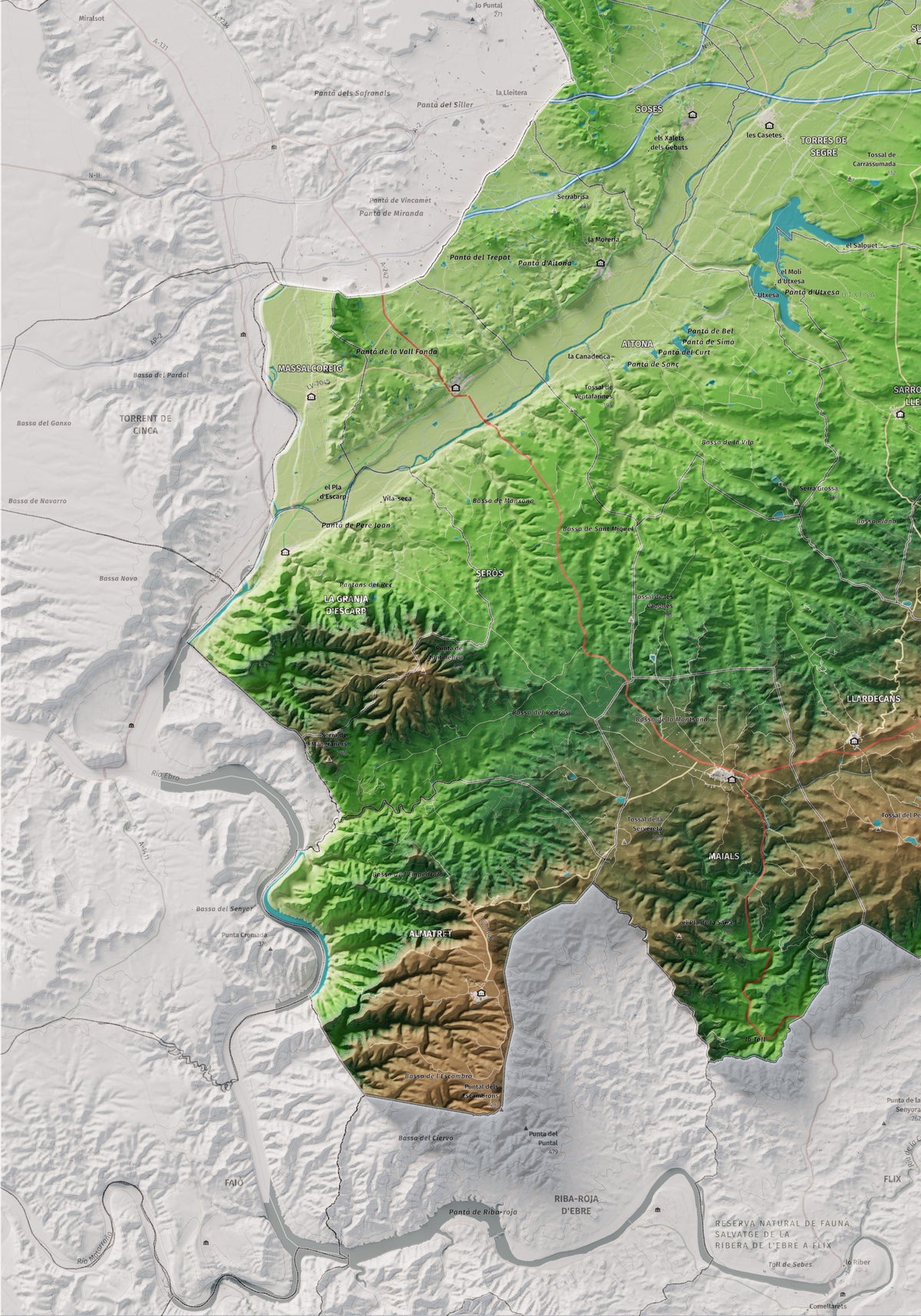 Mapa de relieve del Segrià, con el territorio en color y el entorno en blanco. Detalle de la zona inferior izquierda. 70 × 100 cm. Estilo Clásico.