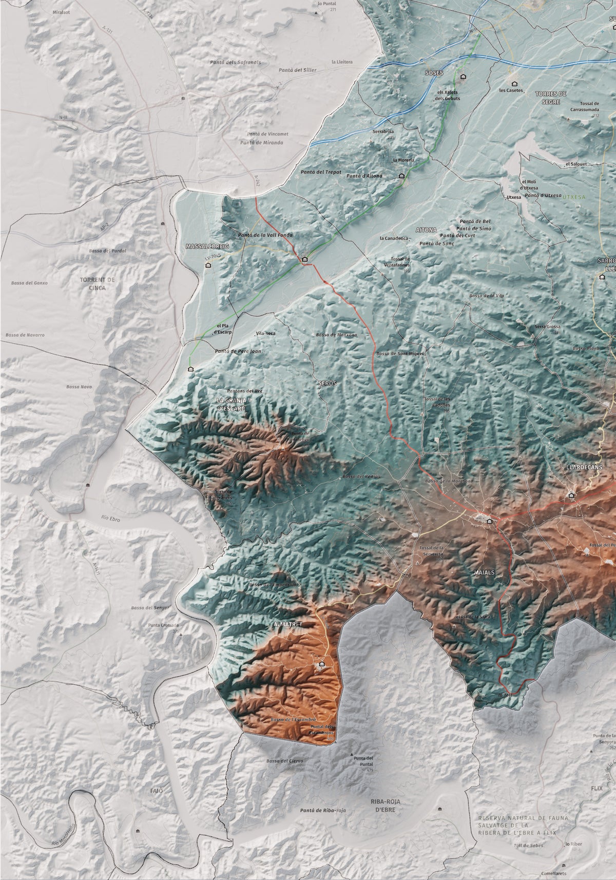 Mapa de relieve del Segrià, con el territorio en color y el entorno en blanco. Detalle de la zona inferior izquierda. 70 × 100 cm. Estilo Azul y naranja.