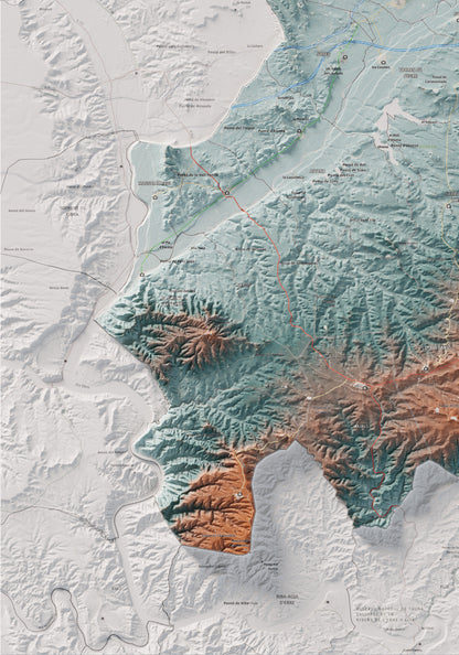 Mapa de relieve del Segrià, con el territorio en color y el entorno en blanco. Detalle de la zona inferior izquierda. 70 × 100 cm. Estilo Azul y naranja.