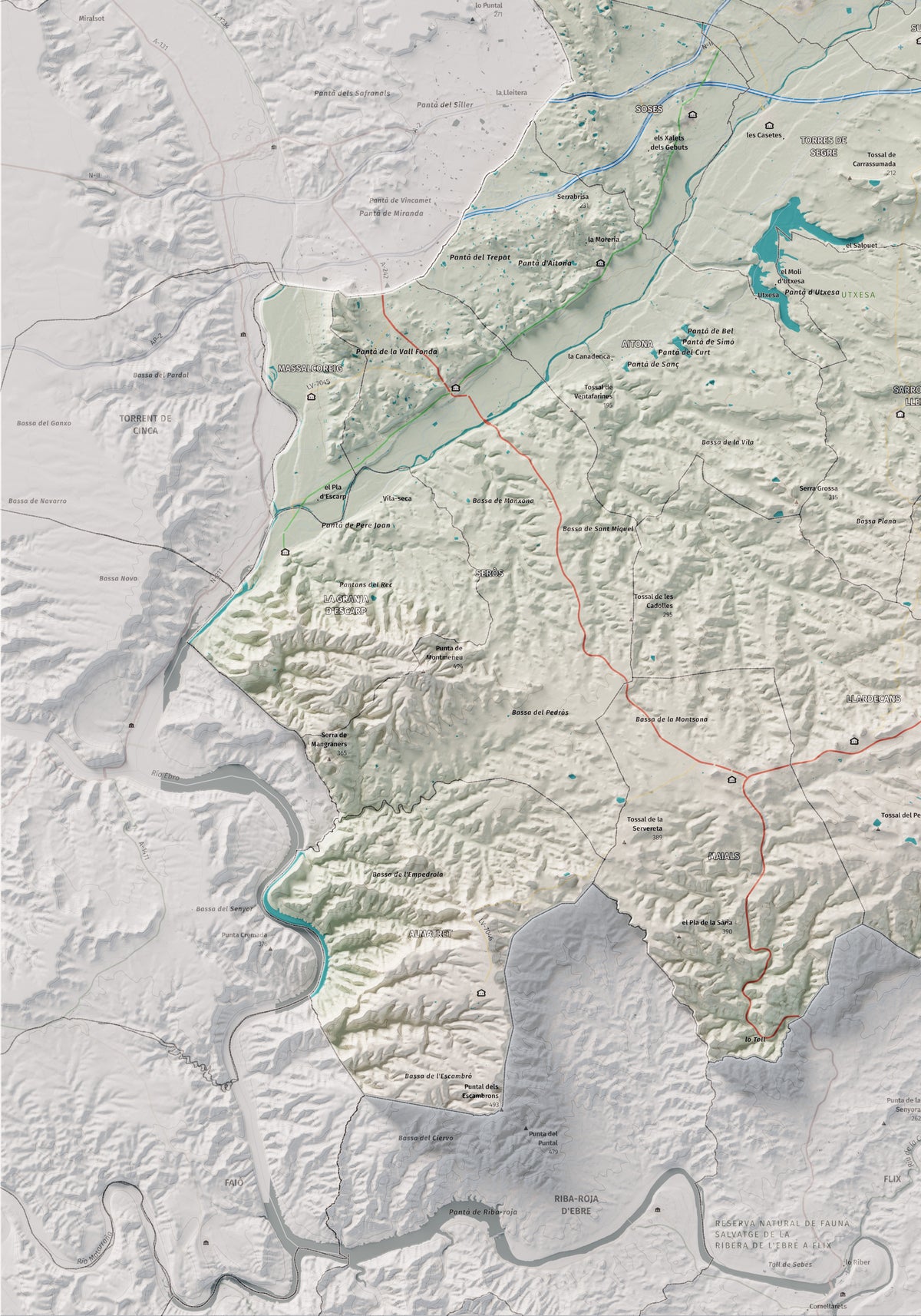 Mapa de relieve del Segrià, con el territorio en color y el entorno en blanco. Detalle de la zona inferior izquierda. 70 × 100 cm. Estilo Cartográfico.