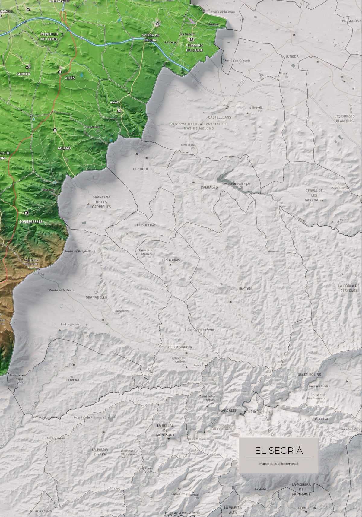 Mapa de relieve del Segrià, con el territorio en color y el entorno en blanco. Detalle de la zona inferior derecha. 70 × 100 cm. Estilo Clásico.
