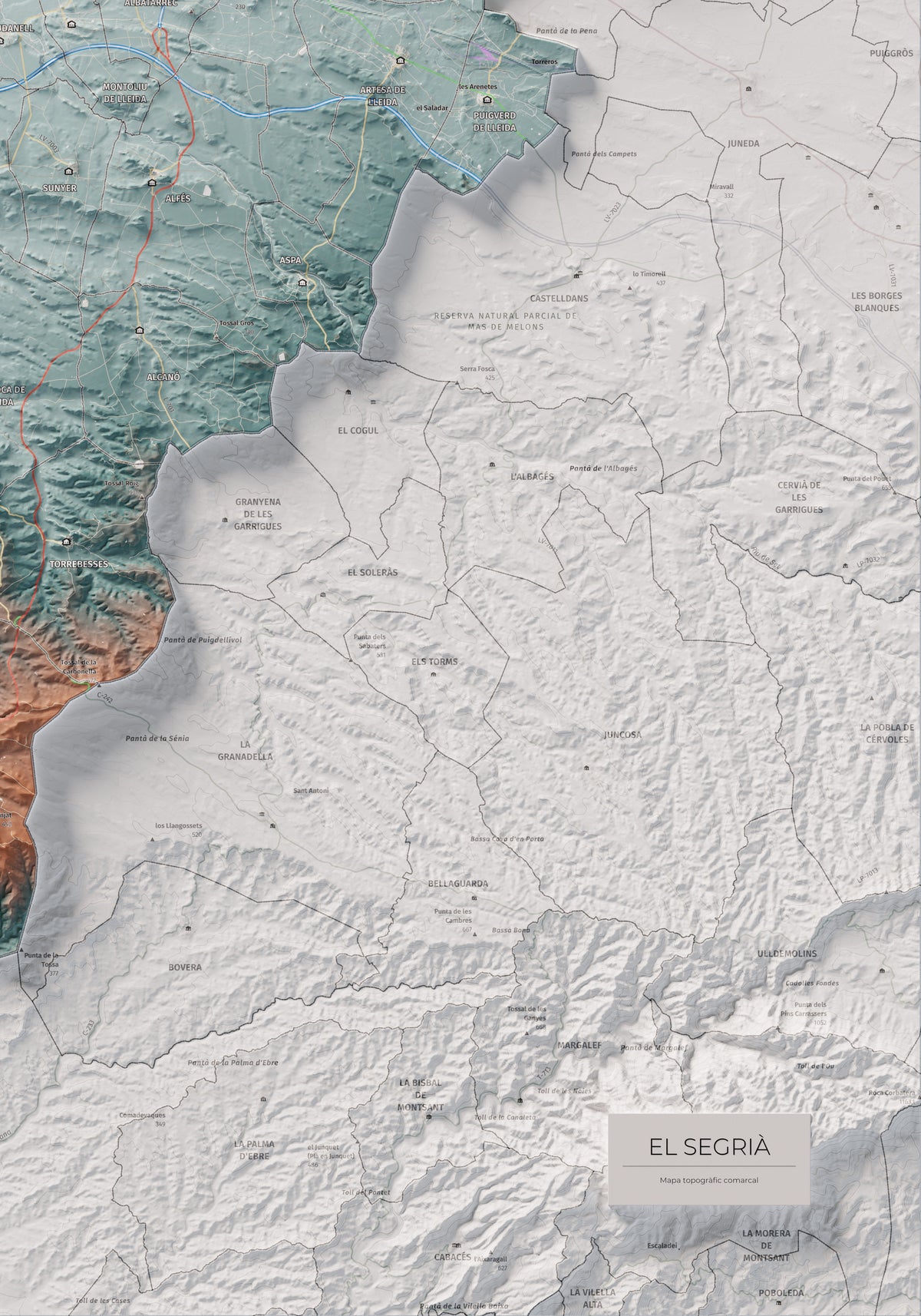 Mapa de relieve del Segrià, con el territorio en color y el entorno en blanco. Detalle de la zona inferior derecha. 70 × 100 cm. Estilo Azul y naranja.