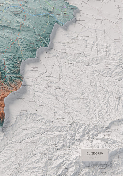 Mapa de relieve del Segrià, con el territorio en color y el entorno en blanco. Detalle de la zona inferior derecha. 70 × 100 cm. Estilo Azul y naranja.