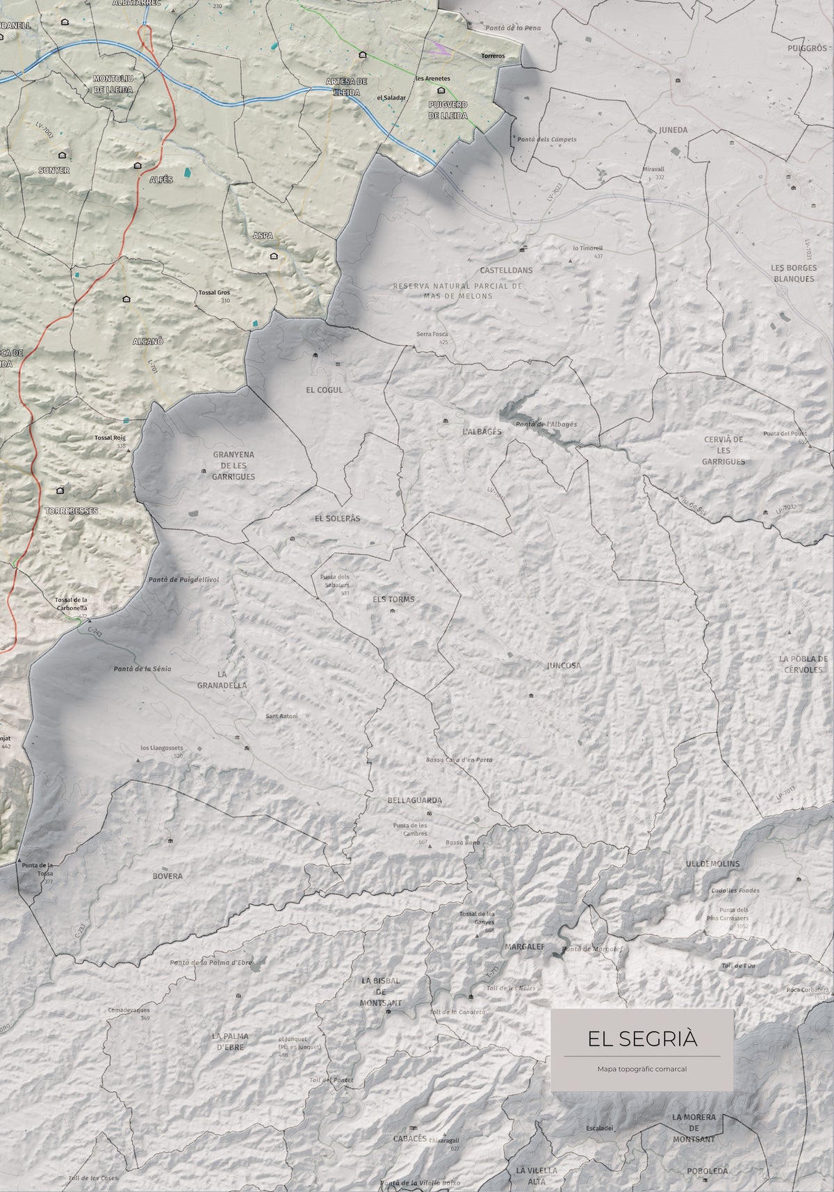 Mapa de relieve del Segrià, con el territorio en color y el entorno en blanco. Detalle de la zona inferior derecha. 70 × 100 cm. Estilo Cartográfico.