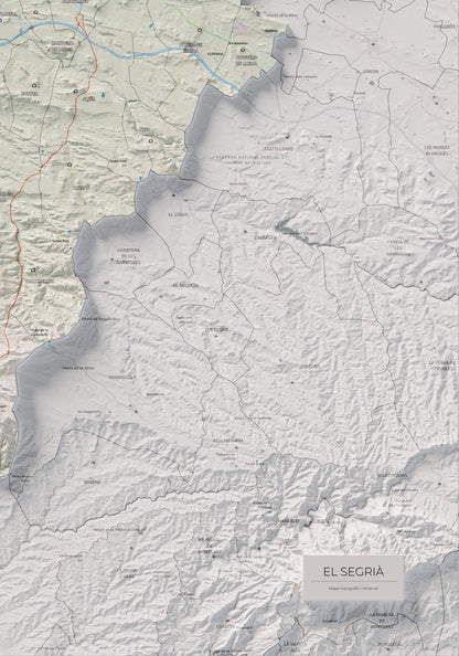Mapa de relieve del Segrià, con el territorio en color y el entorno en blanco. Detalle de la zona inferior derecha. 70 × 100 cm. Estilo Cartográfico.