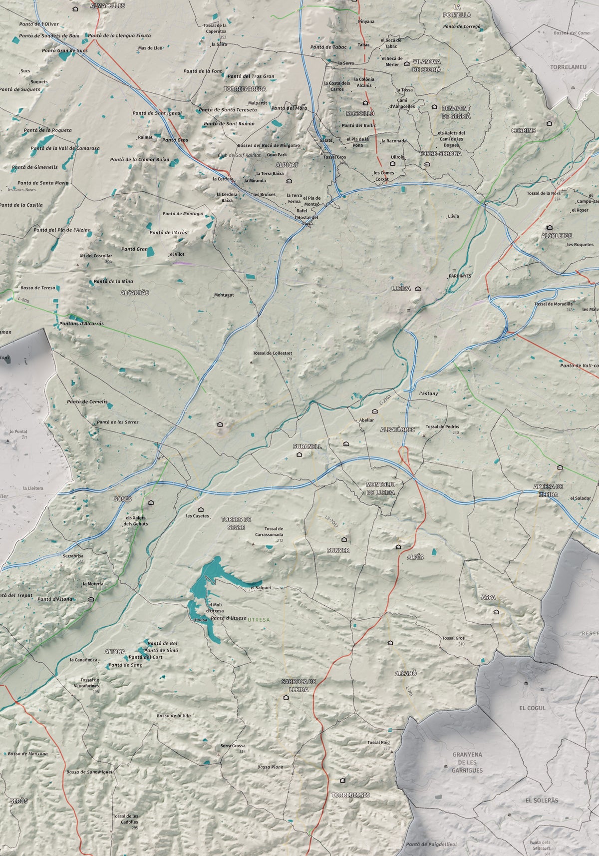 Mapa de relieve del Segrià, con el territorio en color y el entorno en blanco. Detalle de la zona central. 70 × 100 cm. Estilo Cartográfico.