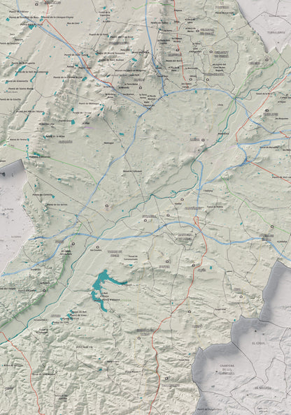 Mapa de relieve del Segrià, con el territorio en color y el entorno en blanco. Detalle de la zona central. 70 × 100 cm. Estilo Cartográfico.