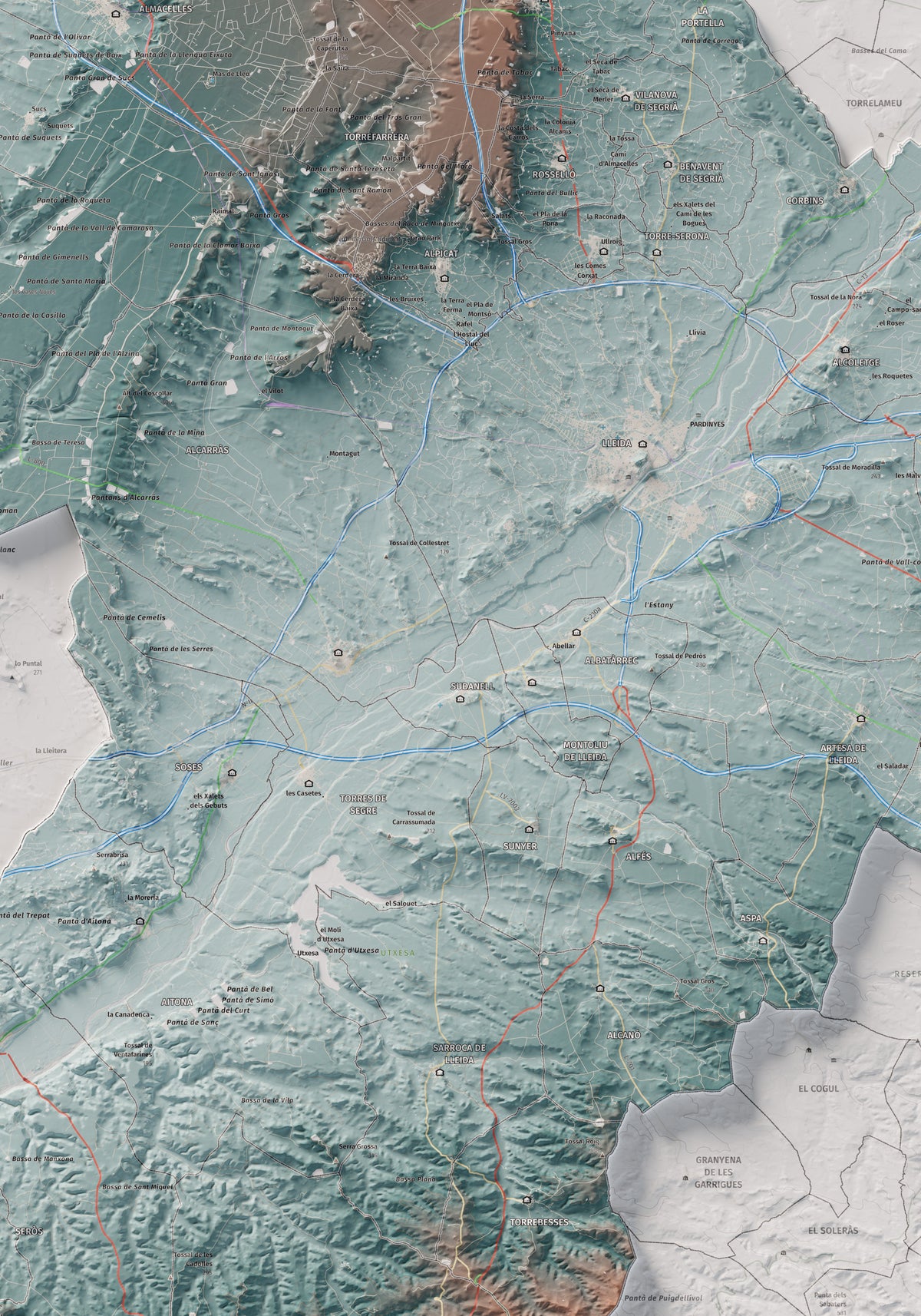 Mapa de relieve del Segrià, con el territorio en color y el entorno en blanco. Detalle de la zona central. 70 × 100 cm. Estilo Azul y naranja.