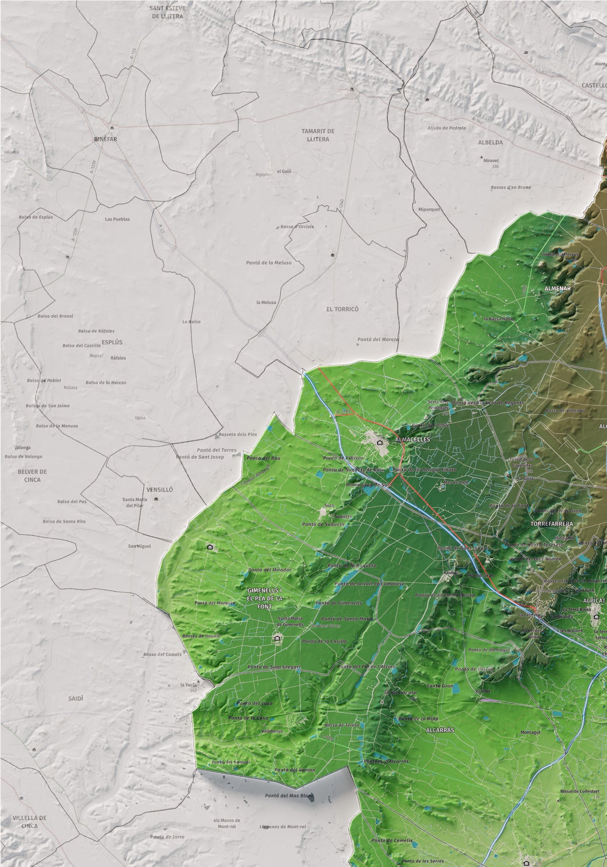 Mapa de relieve del Segrià, con el territorio en color y el entorno en blanco. Detalle de la zona superior izquierda. 70 × 100 cm. Estilo Clásico.