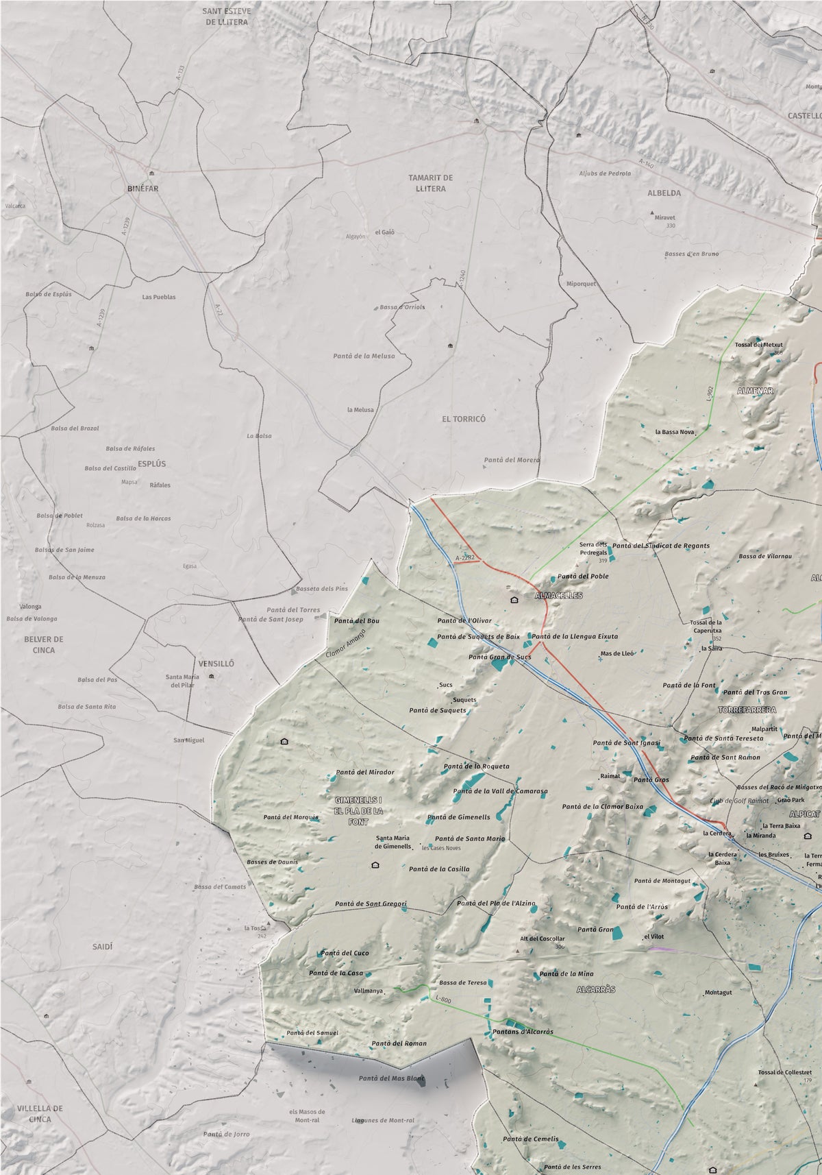 Mapa de relieve del Segrià, con el territorio en color y el entorno en blanco. Detalle de la zona superior izquierda. 70 × 100 cm. Estilo Cartográfico.