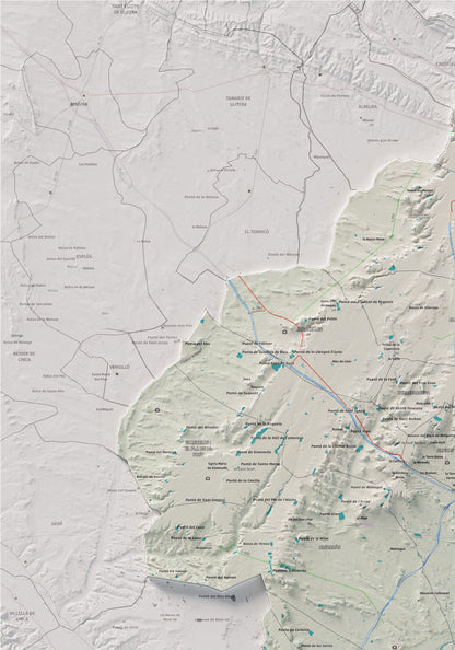 Mapa de relieve del Segrià, con el territorio en color y el entorno en blanco. Detalle de la zona superior izquierda. 70 × 100 cm. Estilo Cartográfico.