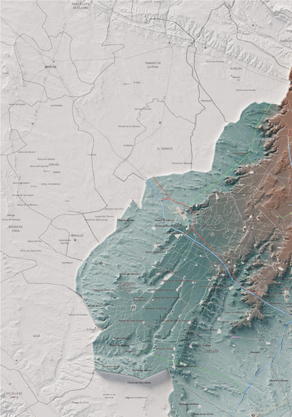 Mapa de relieve del Segrià, con el territorio en color y el entorno en blanco. Detalle de la zona superior izquierda. 70 × 100 cm. Estilo Azul y naranja.