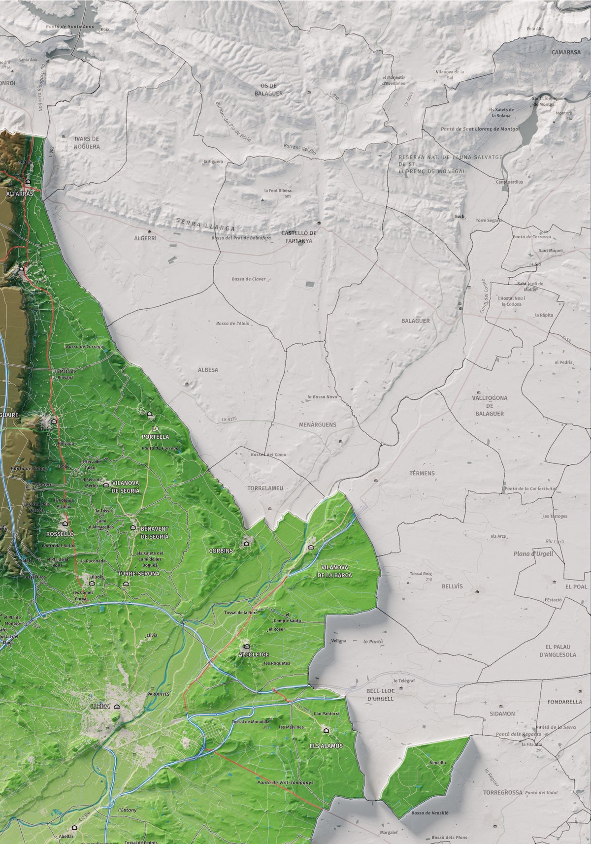 Mapa de relieve del Segrià, con el territorio en color y el entorno en blanco. Detalle de la zona superior derecha. 70 × 100 cm. Estilo Clásico.