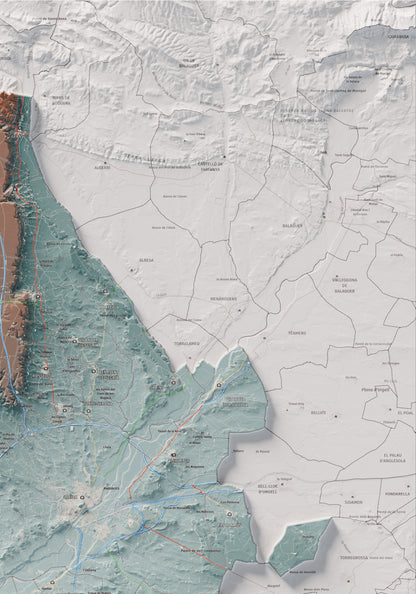 Mapa de relieve del Segrià, con el territorio en color y el entorno en blanco. Detalle de la zona superior derecha. 70 × 100 cm. Estilo Azul y naranja.
