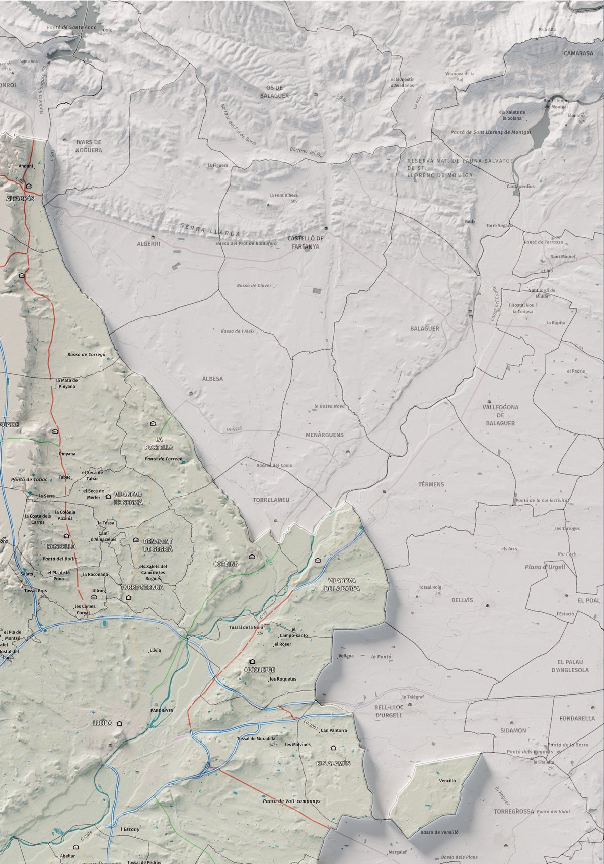 Mapa de relieve del Segrià, con el territorio en color y el entorno en blanco. Detalle de la zona superior derecha. 70 × 100 cm. Estilo Cartográfico.