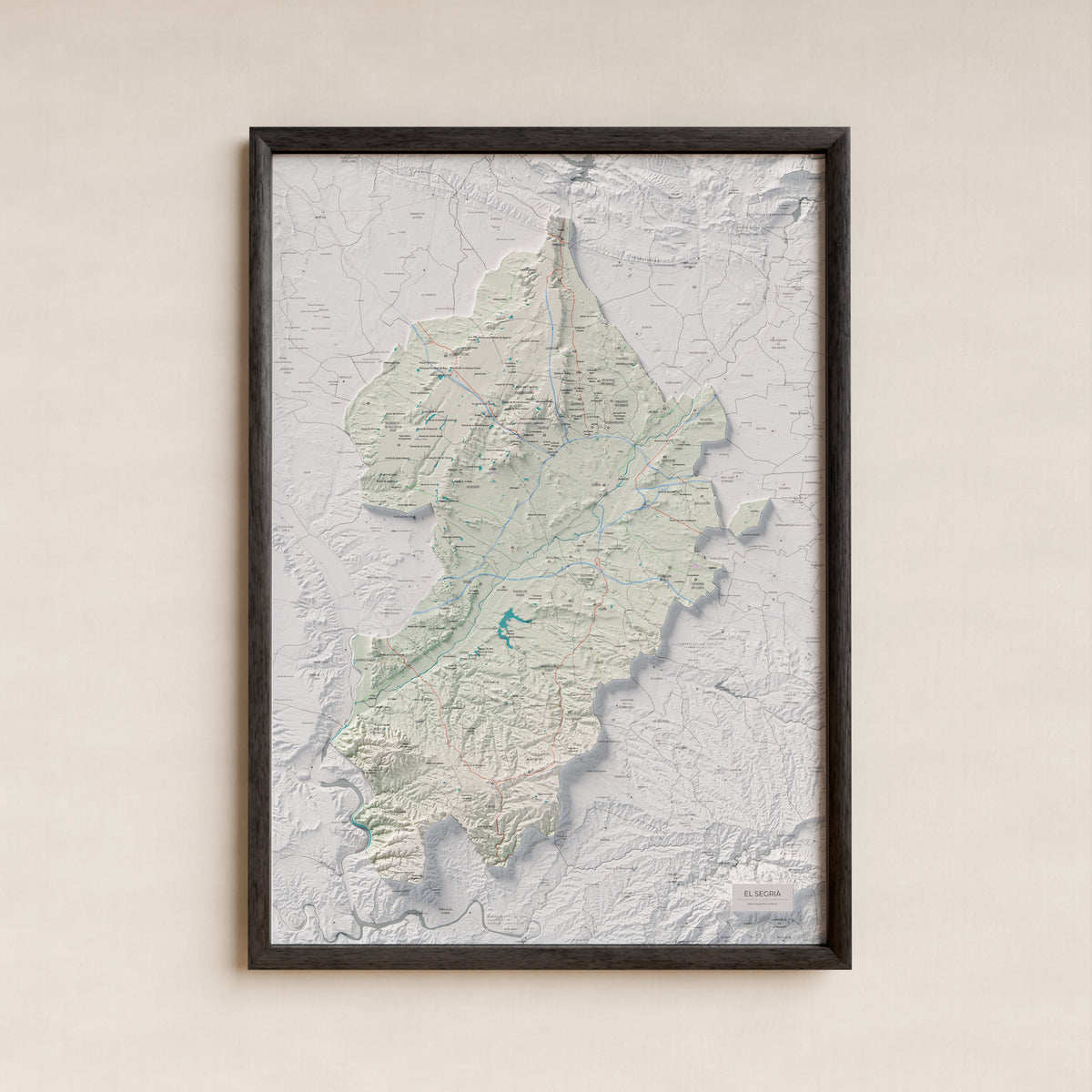 Mapa de relieve del Segrià, con el territorio en color y el entorno en blanco. Presentación con marco. 70 × 100 cm. Estilo Cartográfico.