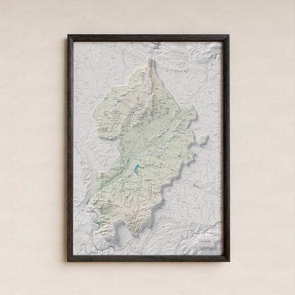 Mapa de relieve del Segrià, con el territorio en color y el entorno en blanco. Presentación con marco. 70 × 100 cm. Estilo Cartográfico.