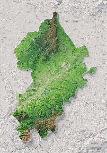 Mapa de relieve del Segrià, con el territorio en color y el entorno en blanco. Vista completa de la lámina. 70 × 100 cm. Estilo Clásico.