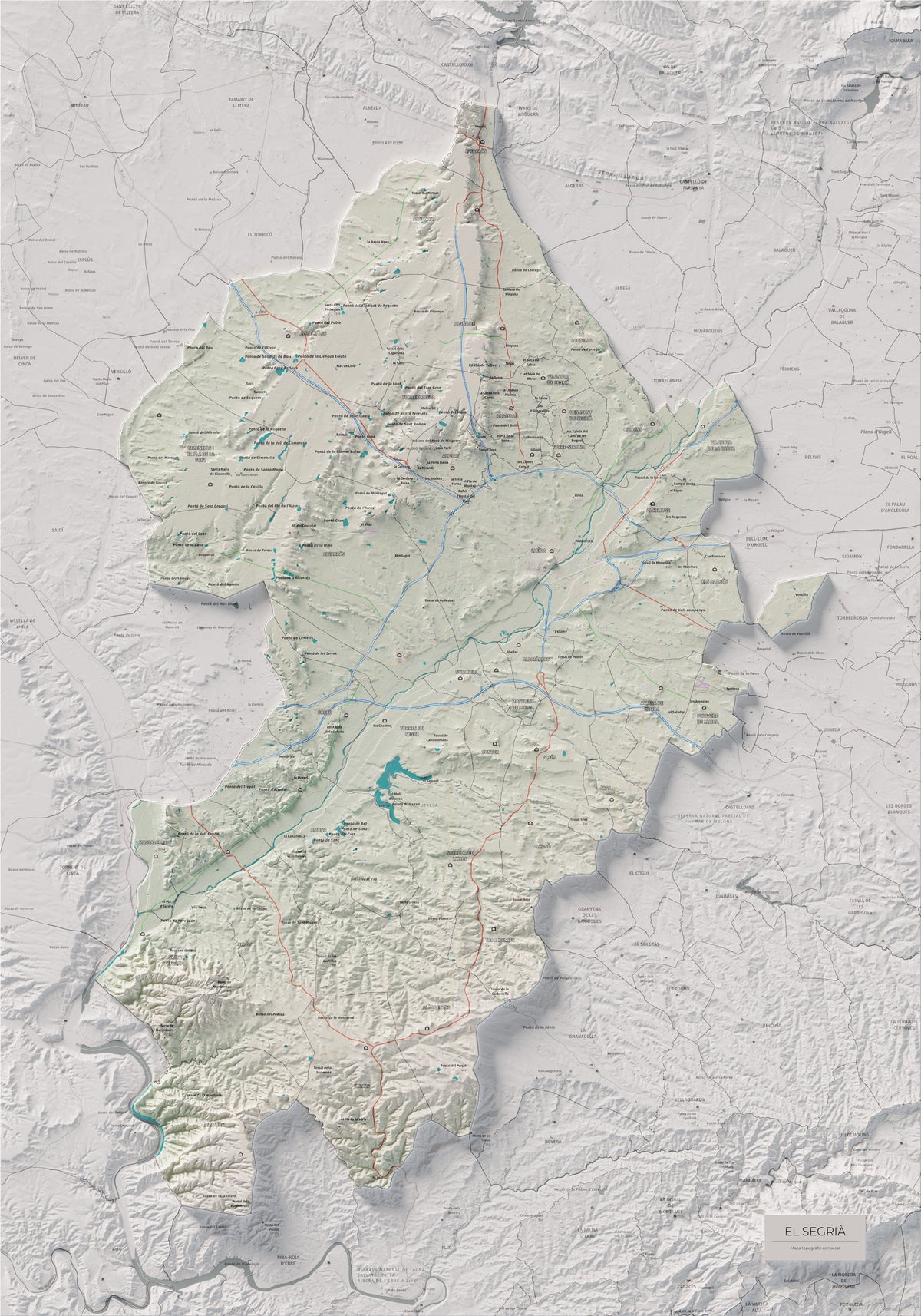 Mapa de relieve del Segrià, con el territorio en color y el entorno en blanco. Vista completa de la lámina. 70 × 100 cm. Estilo Cartográfico.