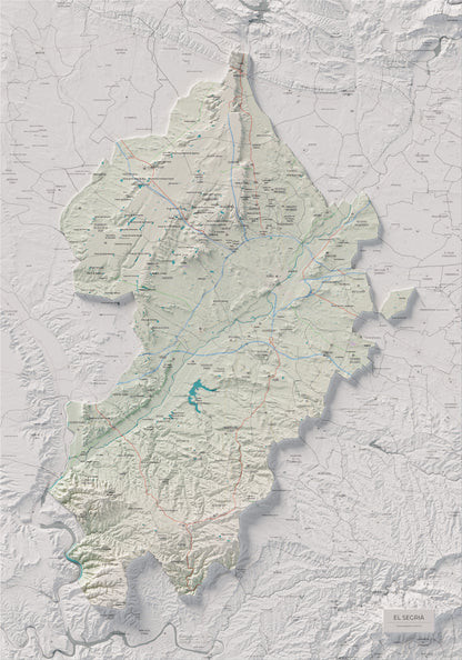Mapa de relieve del Segrià, con el territorio en color y el entorno en blanco. Vista completa de la lámina. 70 × 100 cm. Estilo Cartográfico.