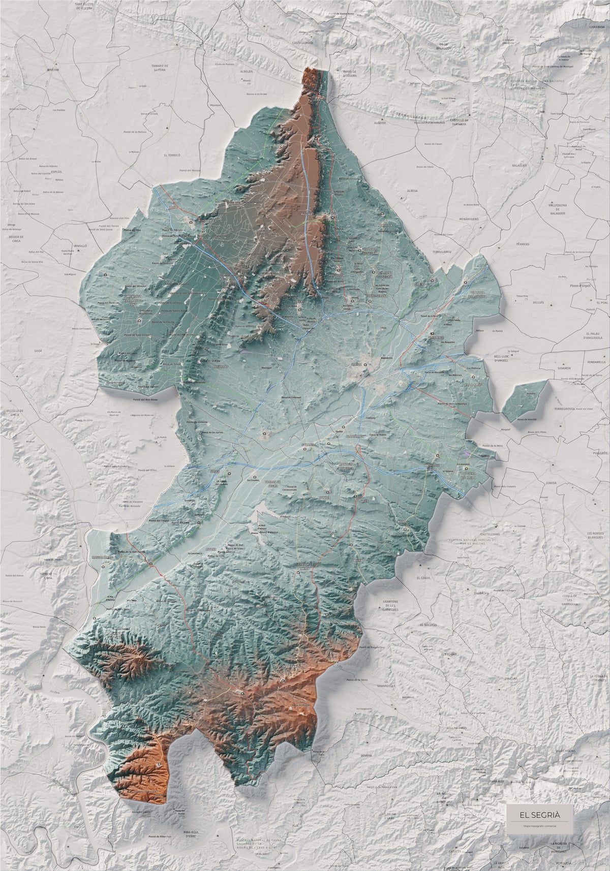 Mapa de relieve del Segrià, con el territorio en color y el entorno en blanco. Vista completa de la lámina. 70 × 100 cm. Estilo Azul y naranja.