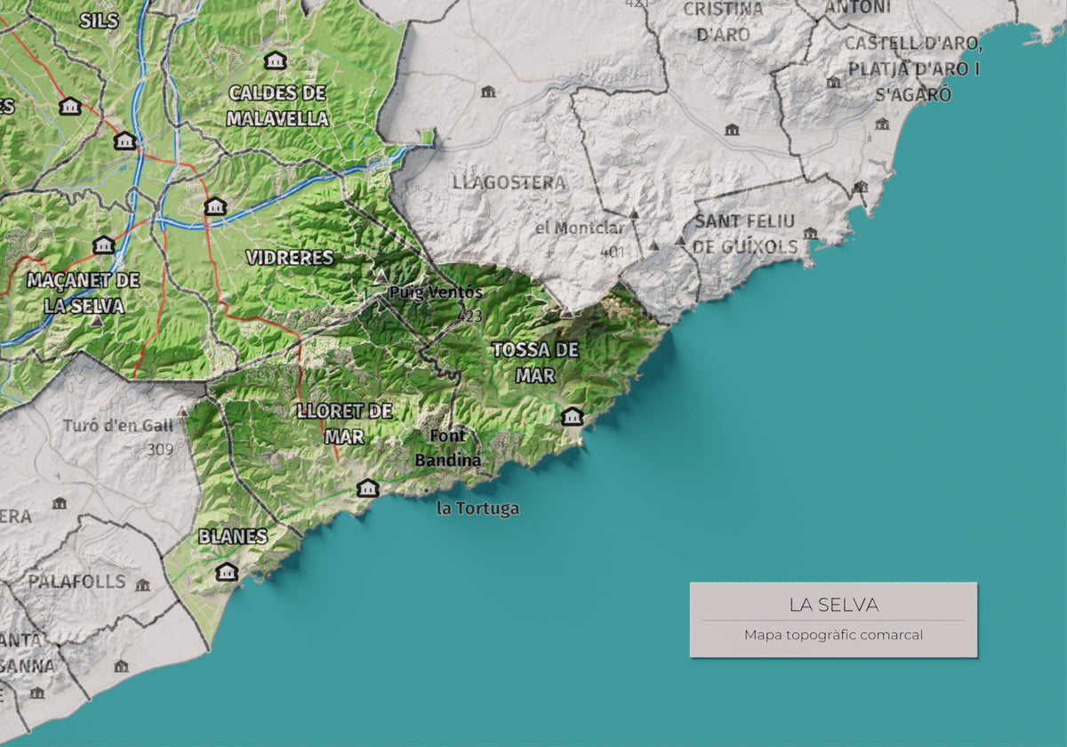 Mapa de relleu de la Selva, amb el territori en color i l’entorn en blanc. Detall de la part inferior dreta. 21 × 30 cm. Estil Clàssic.