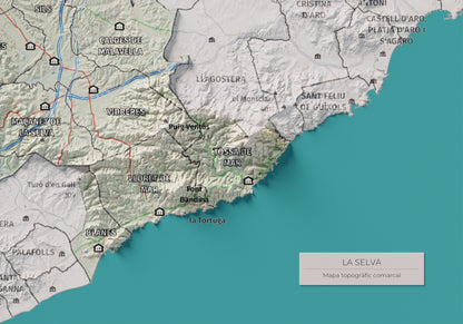 Mapa de relleu de la Selva, amb el territori en color i l’entorn en blanc. Detall de la part inferior dreta. 21 × 30 cm. Estil Cartogràfic.