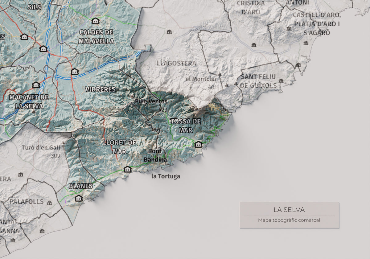 Mapa de relleu de la Selva, amb el territori en color i l’entorn en blanc. Detall de la part inferior dreta. 21 × 30 cm. Estil Blau i taronja.