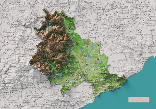 Mapa de relieve de la Selva, con el territorio en color y el entorno en blanco. Vista completa de la lámina. 21 × 30 cm. Estilo Clásico.