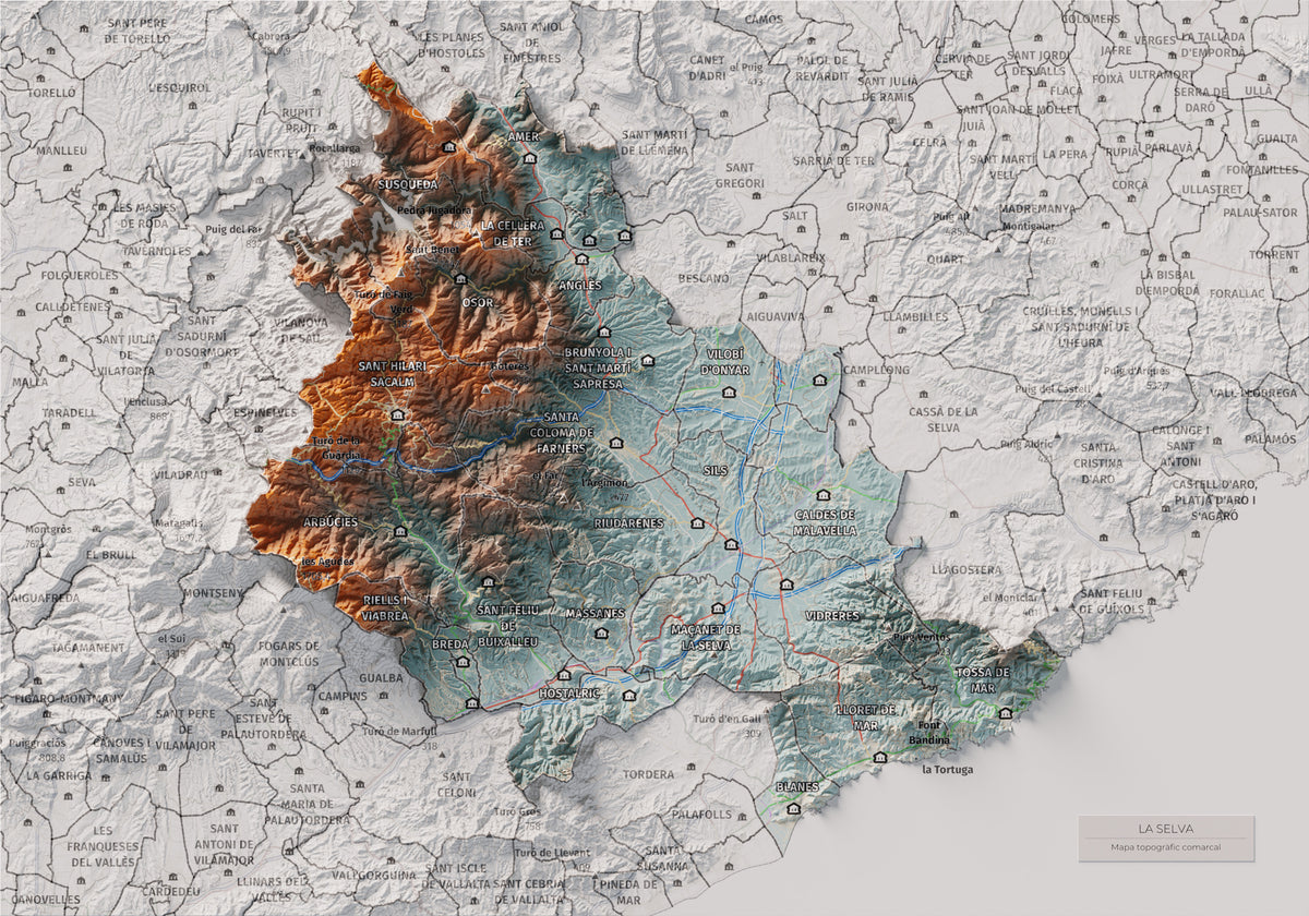 Mapa de relleu de la Selva, amb el territori en color i l’entorn en blanc. Vista completa de la làmina. 21 × 30 cm. Estil Blau i taronja.