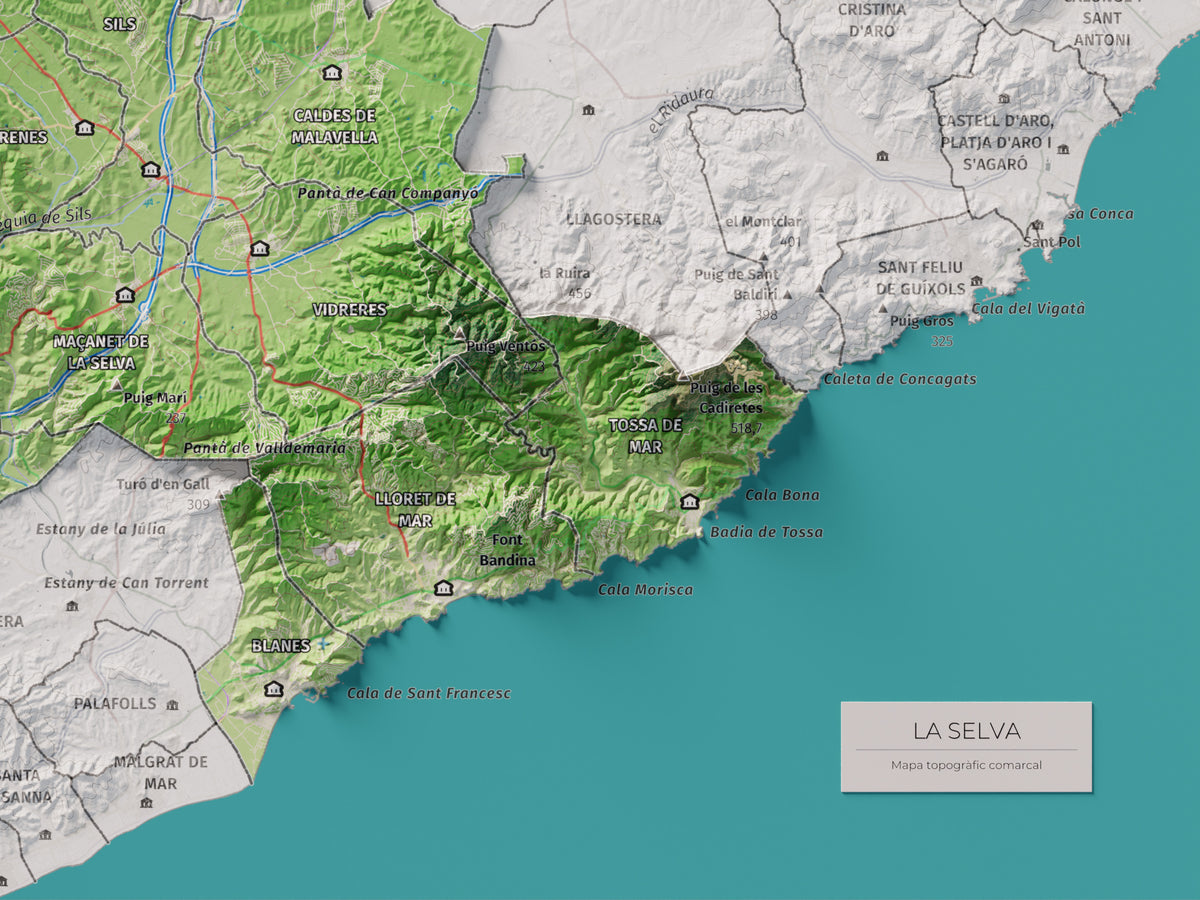 Mapa de relleu de la Selva, amb el territori en color i l’entorn en blanc. Detall de la part inferior dreta. 30 × 40 cm. Estil Clàssic.