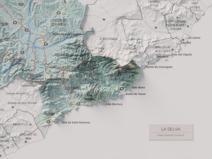 Mapa de relleu de la Selva, amb el territori en color i l’entorn en blanc. Detall de la part inferior dreta. 30 × 40 cm. Estil Blau i taronja.