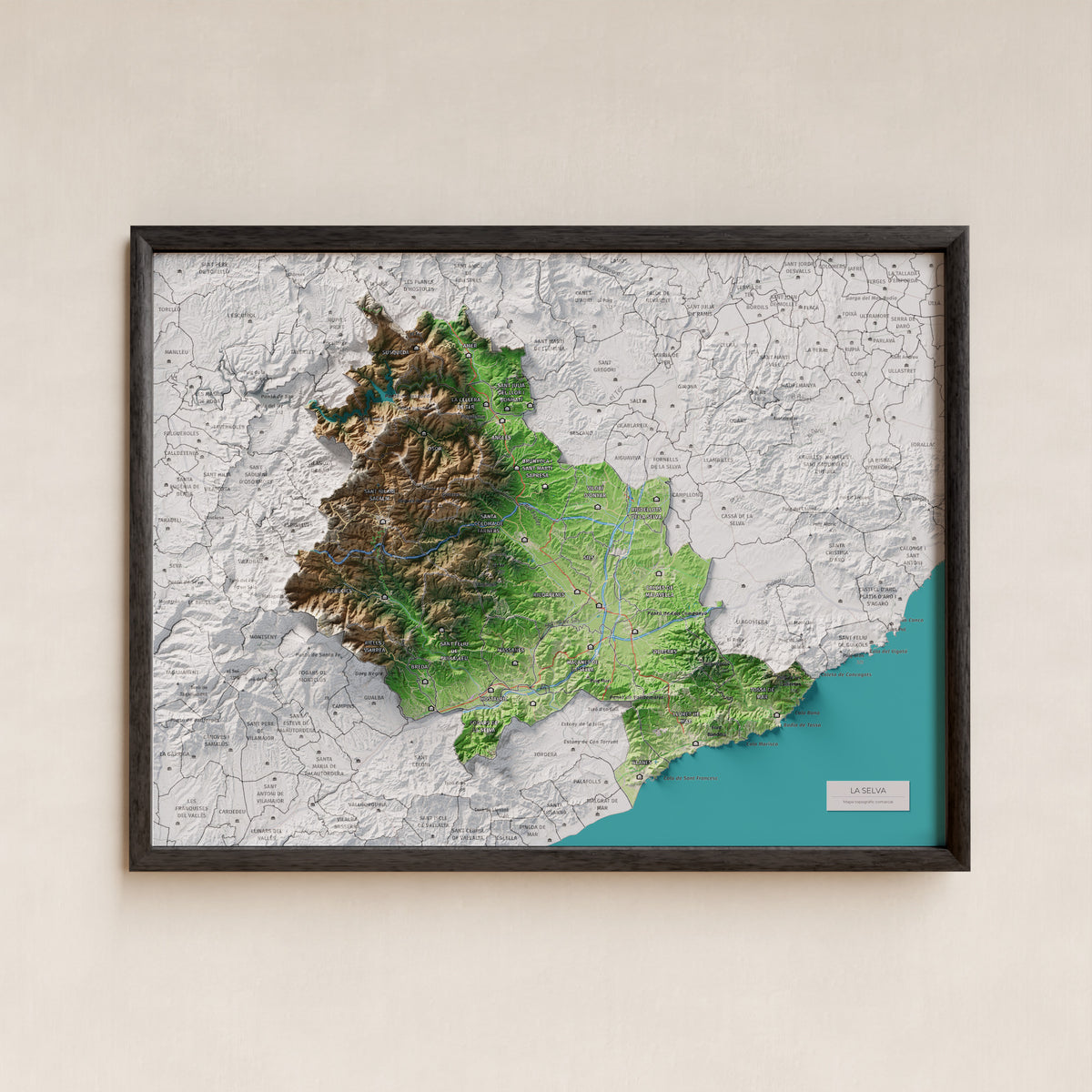 Mapa de relleu de la Selva, amb el territori en color i l’entorn en blanc. Presentació amb marc. 30 × 40 cm. Estil Clàssic.