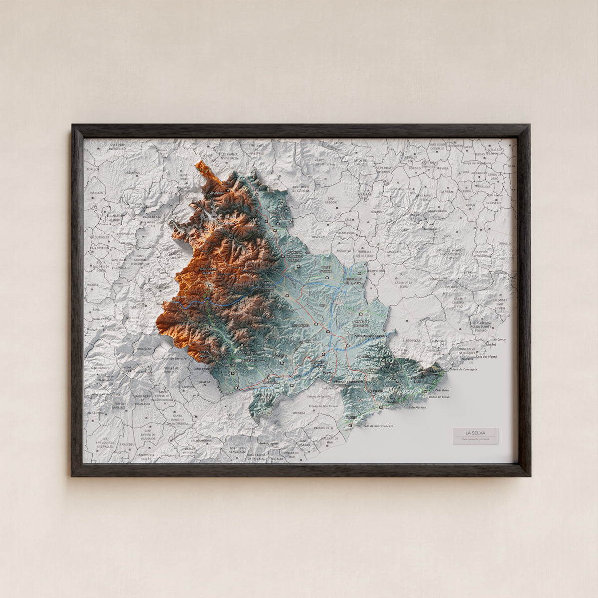 Mapa de relleu de la Selva, amb el territori en color i l’entorn en blanc. Presentació amb marc. 30 × 40 cm. Estil Blau i taronja.