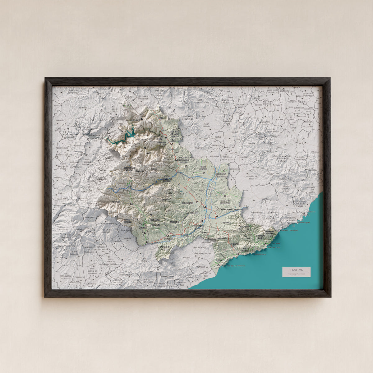 Mapa de relleu de la Selva, amb el territori en color i l’entorn en blanc. Presentació amb marc. 30 × 40 cm. Estil Cartogràfic.