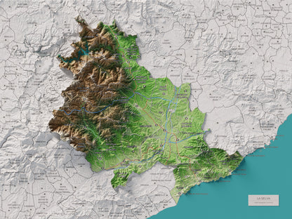 Mapa de relleu de la Selva, amb el territori en color i l’entorn en blanc. Vista completa de la làmina. 30 × 40 cm. Estil Clàssic.