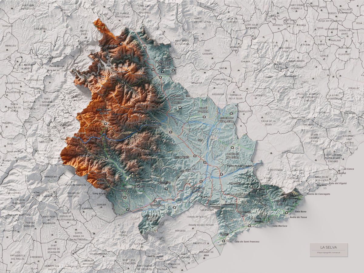 Mapa de relleu de la Selva, amb el territori en color i l’entorn en blanc. Vista completa de la làmina. 30 × 40 cm. Estil Blau i taronja.