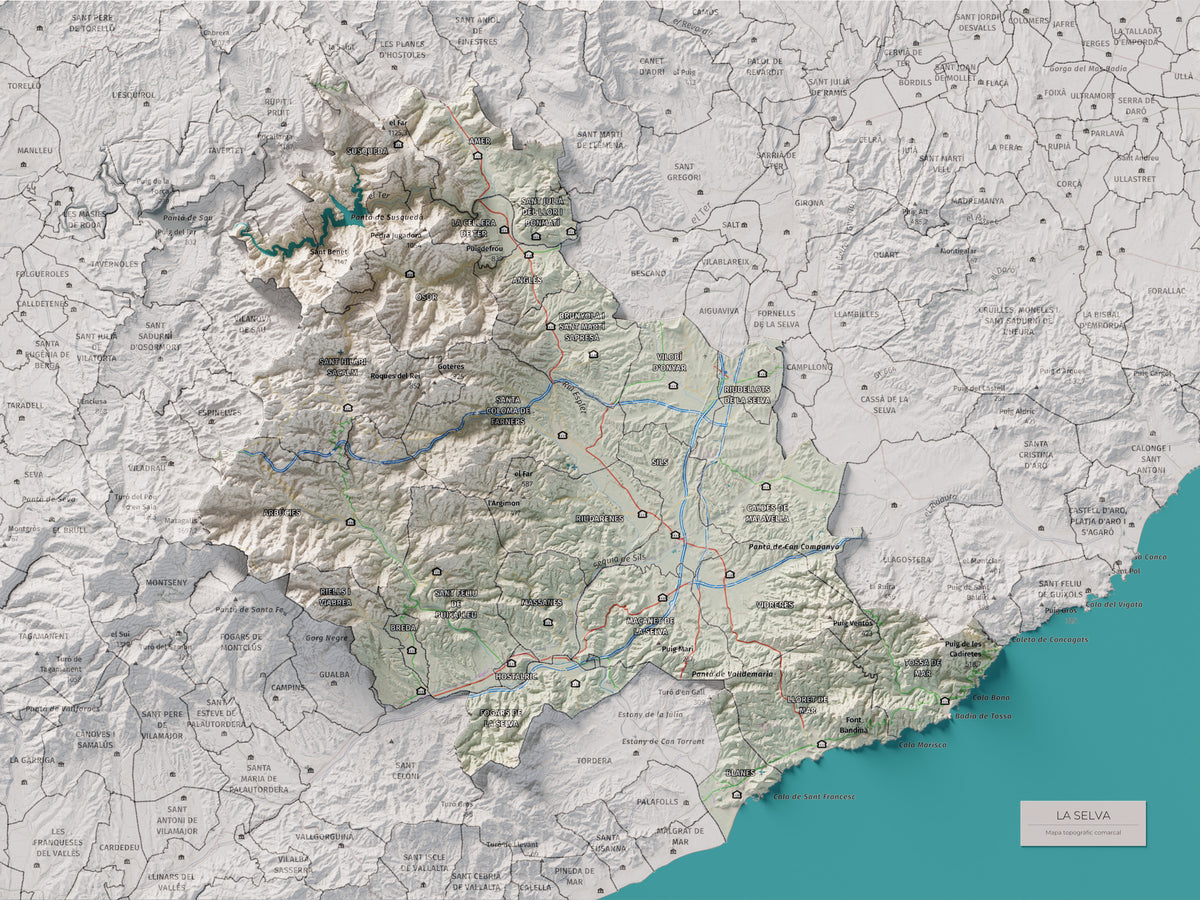 Mapa de relleu de la Selva, amb el territori en color i l’entorn en blanc. Vista completa de la làmina. 30 × 40 cm. Estil Cartogràfic.