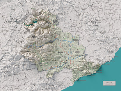 Mapa de relleu de la Selva, amb el territori en color i l’entorn en blanc. Vista completa de la làmina. 30 × 40 cm. Estil Cartogràfic.
