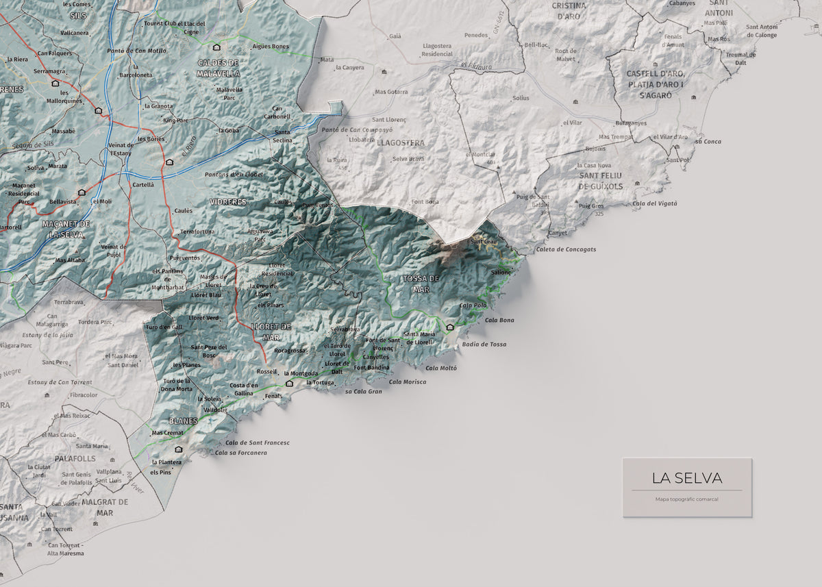 Mapa de relleu de la Selva, amb el territori en color i l’entorn en blanc. Detall de la part inferior dreta. 50 × 70 cm. Estil Blau i taronja.