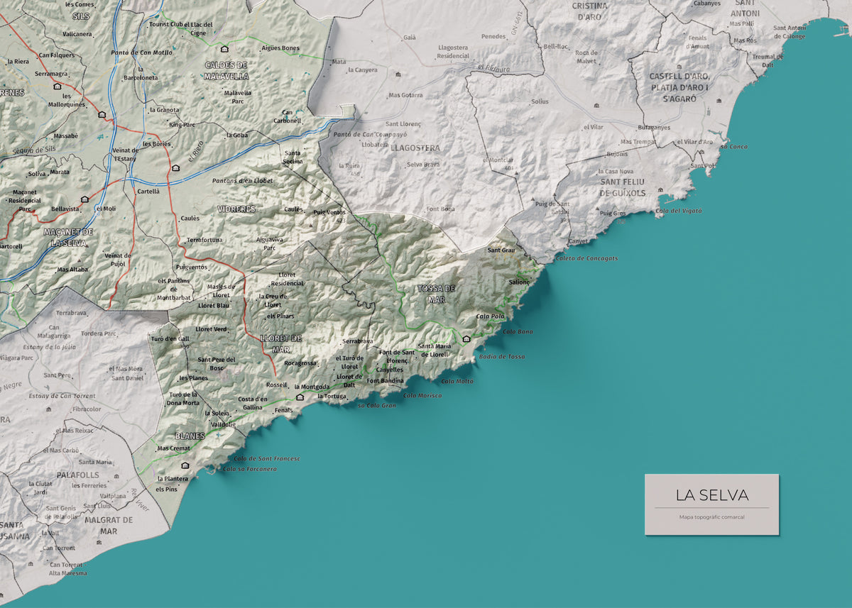 Mapa de relleu de la Selva, amb el territori en color i l’entorn en blanc. Detall de la part inferior dreta. 50 × 70 cm. Estil Cartogràfic.