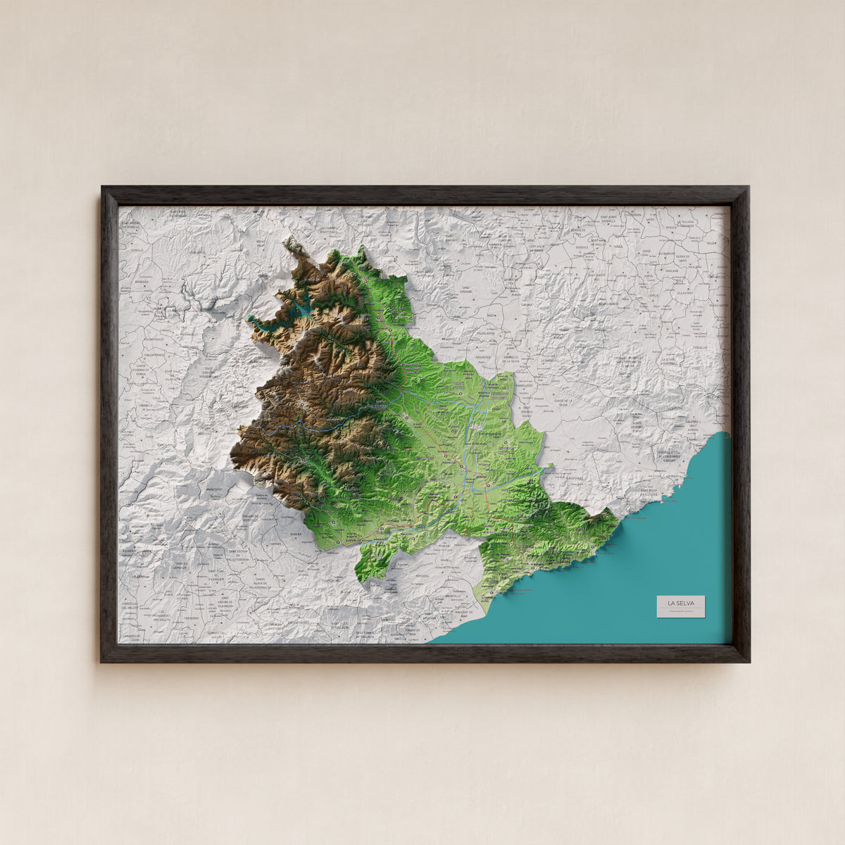 Mapa de relleu de la Selva, amb el territori en color i l’entorn en blanc. Presentació amb marc. 50 × 70 cm. Estil Clàssic.