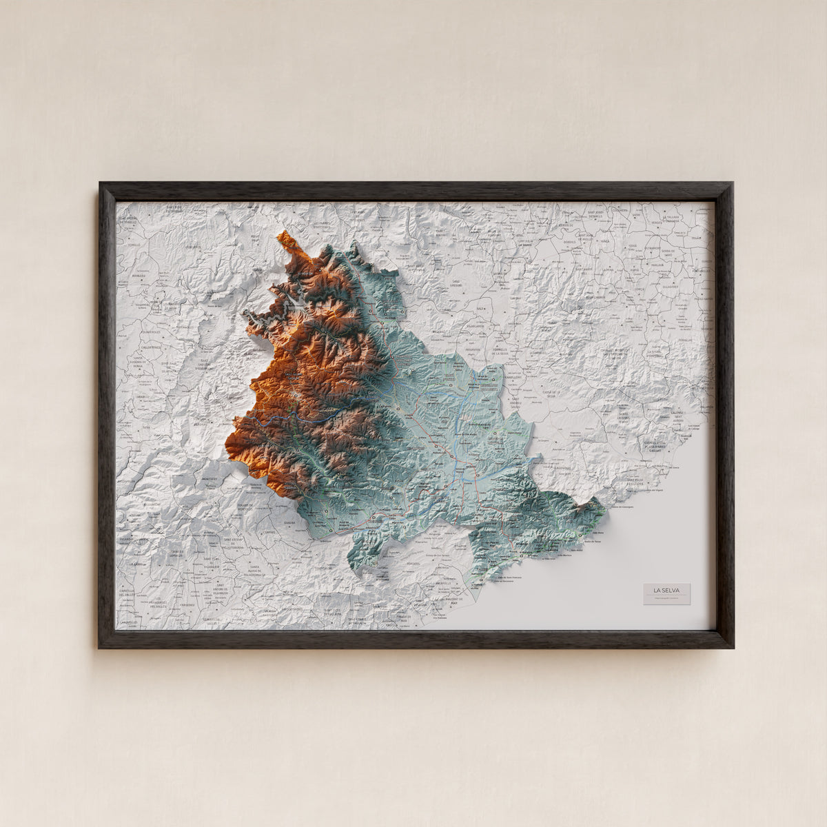 Mapa de relleu de la Selva, amb el territori en color i l’entorn en blanc. Presentació amb marc. 50 × 70 cm. Estil Blau i taronja.