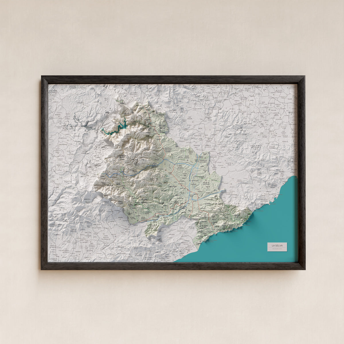 Mapa de relleu de la Selva, amb el territori en color i l’entorn en blanc. Presentació amb marc. 50 × 70 cm. Estil Cartogràfic.