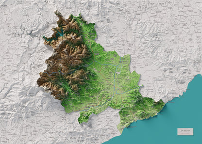 Mapa de relleu de la Selva, amb el territori en color i l’entorn en blanc. Vista completa de la làmina. 50 × 70 cm. Estil Clàssic.