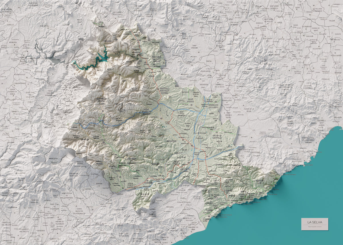 Mapa de relleu de la Selva, amb el territori en color i l’entorn en blanc. Vista completa de la làmina. 50 × 70 cm. Estil Cartogràfic.