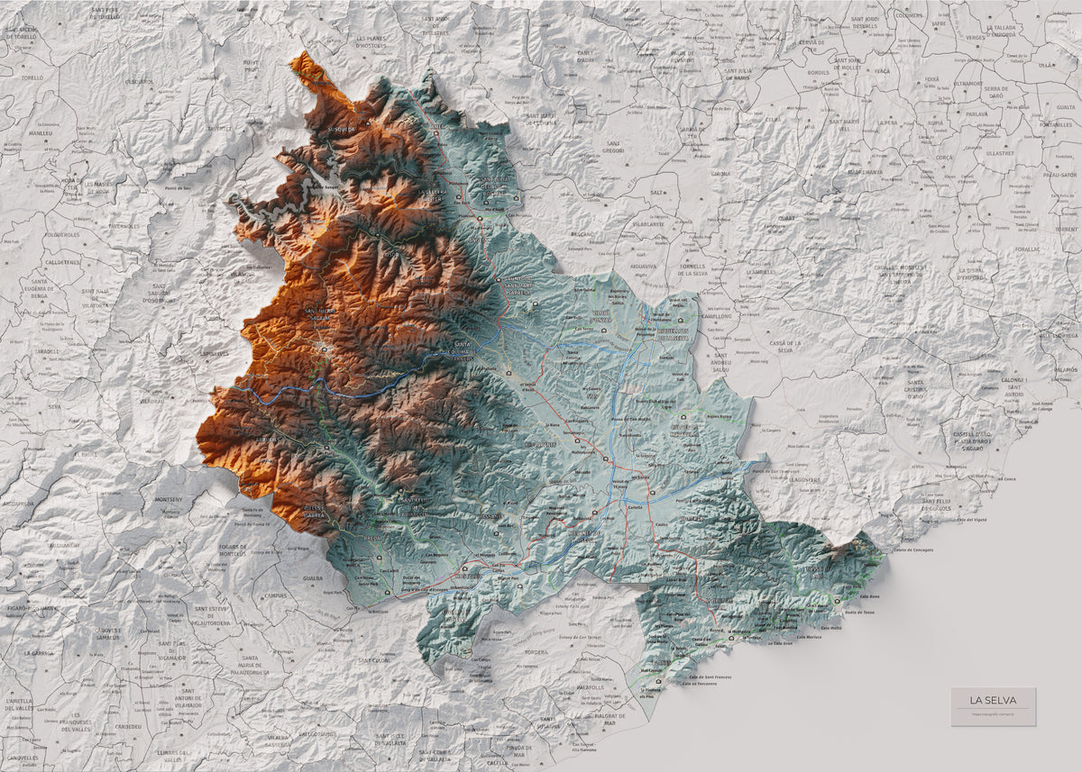 Mapa de relleu de la Selva, amb el territori en color i l’entorn en blanc. Vista completa de la làmina. 50 × 70 cm. Estil Blau i taronja.